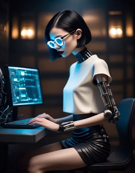 (Hyperreal:1.4),
(full body shot:1.65) raw photo, side angle shot, cute mousy girl with black hair in a bob cut,wire glasses,dark pleated skirt and white silk blouse, bionic robot hand, alabaster skin, pale skin, lipstick, hacker girl, working on a cyberpunk computer,cinematic, detailed eyes, <lora:DetailedEyes_xl_V2:0.8>