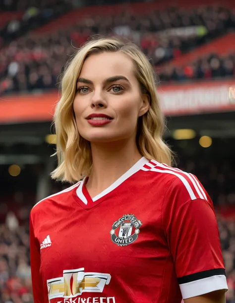 Margot Robbie (ohwx woman) wearing Red Manchester United new jersey 2023, in old trafford football stadium, cowboy shot, detailed background, in a day, sharp focus, ultra detailed, (by Alyssa Monks:1.1), by Joseph Lorusso, by Lilia Alvarado, beautiful lighting, sharp focus, 8k, high res, (pores:0.1), (sweaty:0.8),  Nikon Z9, Award - winning photograph, masterpiece, best quality, official art, <lora:margot_lora_sdxl_v1:1> <lora:add-detail-xl:0.6> <lora:DetailedEyes_XL:0.3>