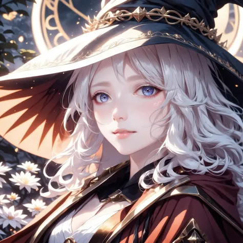 mysterious, fantasy, dark fantasy, 3D rendering, anime mysterious,fantasy,dark fantasy,3D rendering,anime,best quality,masterpiece,4k,very aesthetic BREAK section_anime,macro shot of a beautiful albino young woman lying in a majestic flowerbed,face_focus,<lora:RanniXLV2:0.8>,IncrsXLRanni,wavy hair,hat,cloak,<lora:add-detail-xl:0.8>,<lora:DetailedEyes_V3:0.8>,mascara,kind_smile,shy,eye_of_horus,, high resolution, extreme detail