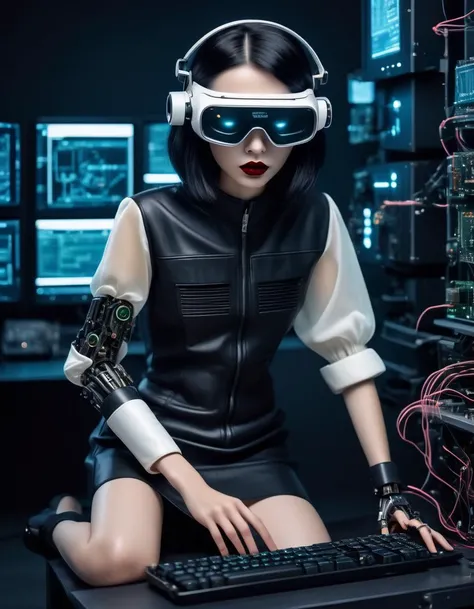 (Hyperreal:1.4),
(full body shot:1.65) raw photo, side angle shot, cute mousy girl with black hair in a bob cut,wearing night vision goggles ,dark pleated skirt and white silk blouse, robotic hand, alabaster skin, pale skin, lipstick, hacker girl, working on a cyberpunk computer,cinematic, detailed eyes, <lora:DetailedEyes_xl_V2:0.8>