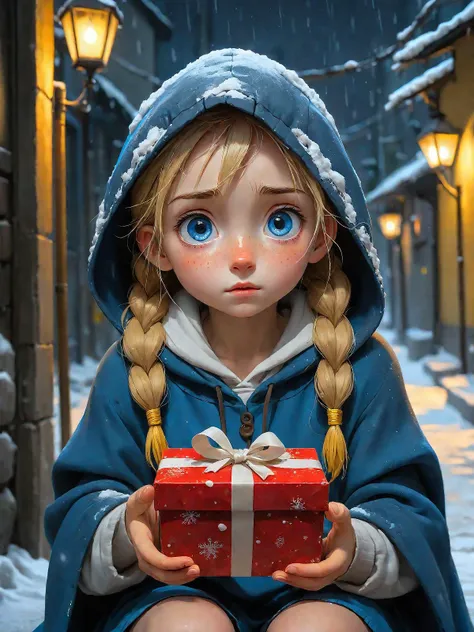 a very touched cute girl holds a christmas gift box and sits in a dark snowy alley, (tears in face:1.3), blue wet eyes, big eyes, blonde fishtail braid, freckles, old torn hooded cloak, blue dress, white T-shirt, brown trousers with suspenders, dark and gloomy atmosphere, blue tones, yellow tones, looking at viewer, centered, highly detailed, vibrant colors, intricate, ultra hd, sharp focus, drawing, anime style, studio ghibli style, Gyoshū Hayami style <lora:DetailedEyes_xl_V2:1> <lora:add-detail-xl:0.75> <lora:perfect hands:1>