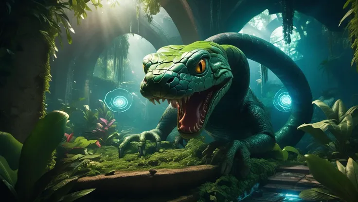(Hyperreal:1.4),
(((full body shot:1.5))), raw, emotional, dynamic, distortion for emotional effect, vibrant, use of unusual colors, cute cinematography, (realistic, photo realistic:1.4),
Electronic Snake in mesmerizing dance floor mystic island with ancient ruins, diseased organs, thunderous applause in a ghostly theater, flickering light , otherworldly dark world, villages, creatures, (lush vegetation), (mountains:1.1), (god rays:0.4), dense alien jungle, particle effects,
<lora:DetailedEyes_xl_bdsqlsz_V1:0.5> detailed eyes, detailed face, detailed skin,