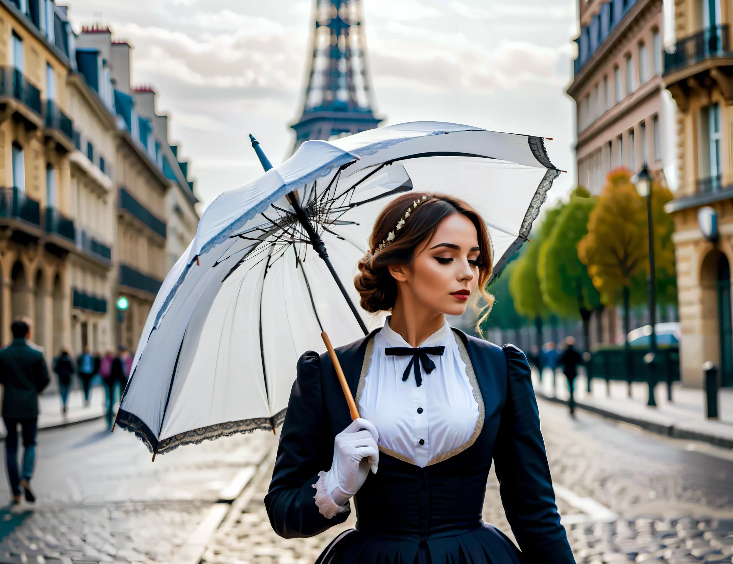 Victorian time, Paris France, A Parisian women wearing a traditional dress, white umbrella, fashionable, young, walking on the cobblestone street, day time, Eiffel tower, photo, HD, masterpiece, best quality, high quality, <lora:JuggerCineXL2:0.8> Movie Still, Film Still, Cinematic, Cinematic Shot, Cinematic Lighting , <lora:DetailedEyes_V3:0.8> <lora:add-detail-xl:0.8> <lora:attractive:0.8> attractive,