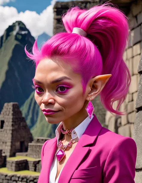 detailed photo,(summer day ),a Goblin wearing necklace,eardrop,Machu Picchu, Peru,( Fuchsia Pair a classic blazer with tailored trousers and pointed-toe heels. ),Pastel pink hair High ponytail,<lora:DetailedEyes_xl_V2:0.6>,