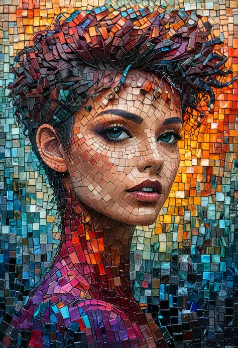 concept art mosaic, a young woman, close-up of face, wearing a multicolored shirt, <lora:ArtfullyMOSAIC_SDXL_V1:1.0>, <lora:DetailedEyes_V3:1.0>, . digital artwork, illustrative, painterly, matte painting, highly detailed