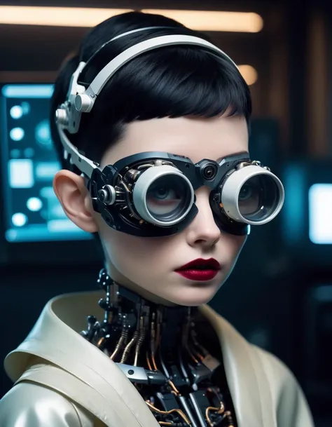 (Hyperreal:1.4),
(full body shot:1.65) raw photo, side angle shot, cute mousy girl with black hair in a pixie cut,wearing night vision goggles ,dark pleated skirt and white silk blouse, robotic hand, alabaster skin, pale skin, lipstick, hacker girl, working on a cyberpunk computer,cinematic, detailed eyes, <lora:DetailedEyes_xl_V2:0.8>