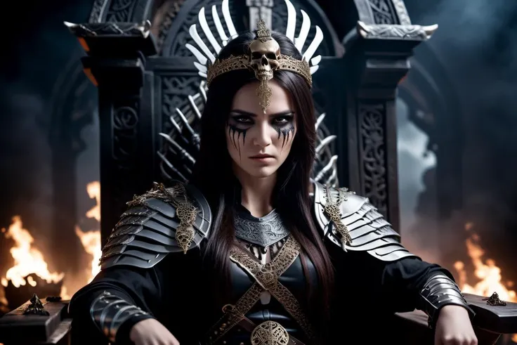 cinematic photo portrait of a female warrior sitting on a throne, holding a torn tunic, crying, tears running down cheek, lost love, intricate throne made of bones and skulls, dark fantasy, mist, grim dark, <lora:DetailedEyes_xl_V2:0.6> . 35mm photograph, film, bokeh, professional, 4k, highly detailed
