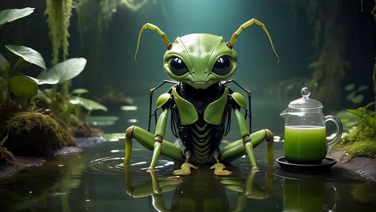 (Hyperreal:1.4),
(((full body shot:1.5))), raw, emotional, dynamic, distortion for emotional effect, vibrant, use of unusual colors, cute cinematography, (realistic, photo realistic:1.4),
Mech-Mantis in tranquil pond witchs lair with cauldrons brew, punctured veins, eerie calm, vampiric charm , High quality shadow, Ray tracing,
<lora:DetailedEyes_xl_bdsqlsz_V1:1> detailed eyes, detailed face, detailed skin,