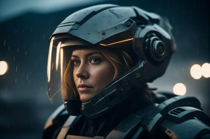 cinematic film still portrait of a solo female mech pilot standing in front of her (large combat mech:1.3), scifi armor, military base, heavy rain, full scifi helmet, visor, detailed eyes, dry skin, skin fuzz, visible skin hair, skin blemishes
,, shallow depth of field, vignette, highly detailed, high budget Hollywood film, bokeh, cinemascope, moody, epic, gorgeous, film grain <lora:DetailedEyes_V3:0.8> <lora:JuggerCineXL2:0.5>