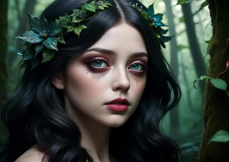 ((amazing quality, award winning, intricately detailed, ultra realistic, 32K, masterpiece, Fujifilm X3, film grain)), (style of Guillermo Del Toro), Amidst a deep dark forest, an enigmatic being appears--an amalgamation of flora and fauna, with vines for hair, eyes gleaming like embers, and skin adorned with iridescent scale, <lora:add-detail-xl:0.8> <lora:DetailedEyes_V3:0.8>