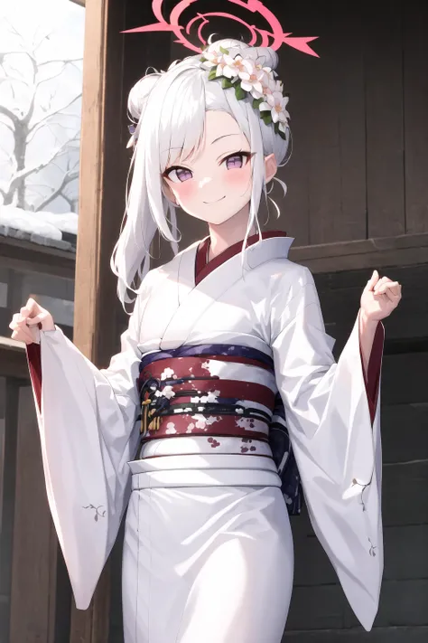 masterpiece, best quality,(white_kimono:1.3), mutsuki ,close_up, 1girl, upper body, solo, flower, hair ornament, halo, white hair, smile, hair flower, sash, tabi, looking at viewer, obi, wide sleeves, standing, long sleeves, blush, bag, white socks, closed mouth, zouri, outdoors, bangs, hair bun, side ponytail, socks, purple eyes, red eyes, white flower, long hair,
<lora:mutsuki_V1.5:1>