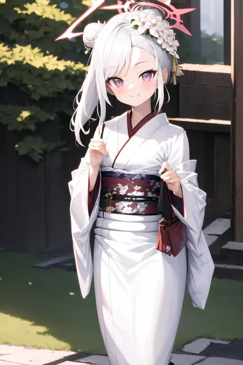 masterpiece, best quality,(white_kimono:1.3), mutsuki ,close_up, 1girl, upper body, solo, flower, hair ornament, halo, white hair, smile, hair flower, sash, tabi, looking at viewer, obi, wide sleeves, standing, long sleeves, blush, bag, white socks, closed mouth, zouri, outdoors, bangs, hair bun, side ponytail, socks, purple eyes, red eyes, white flower, long hair,
<lora:mutsuki_V1.5:1>