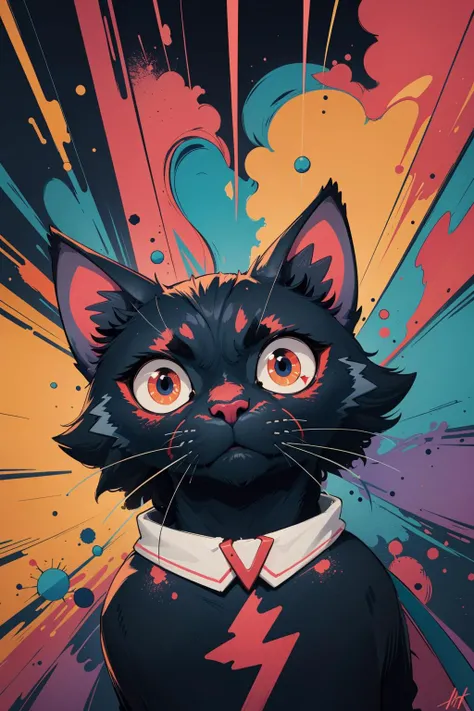 extreme quality, cg, detailed face+eyes, (bright colors), splashes of color background, colors mashing, paint splatter, complimentary colors, electric, neon, magical, (thunder cat), impatient, (limited palette), synththwave, masterpiece, fine art, tan skin, upperbody