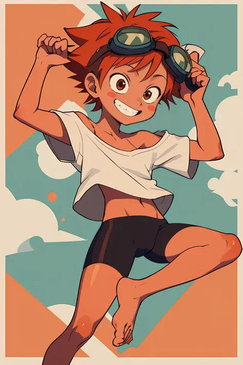 edward, tomboy, orange hair, spiked hair, brown eyes, blush stickers, loose shirt, off shoulder, barefoot, bike shorts, (goggles on head:1.2), feet, full body, grin, hetero, midriff, red hair, smile, solo focus <lora:EDWARD-10v5:0.7>