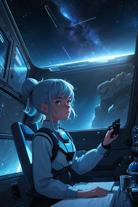 Albert Barill Style, a monotone Sci-fi Scene: a Woman, Freckles, messy hairbun, infront of huge blue Window to Outer space, Clean Spaceship, trist Look, Dimmed Lights, Rocks, Stars, nebula