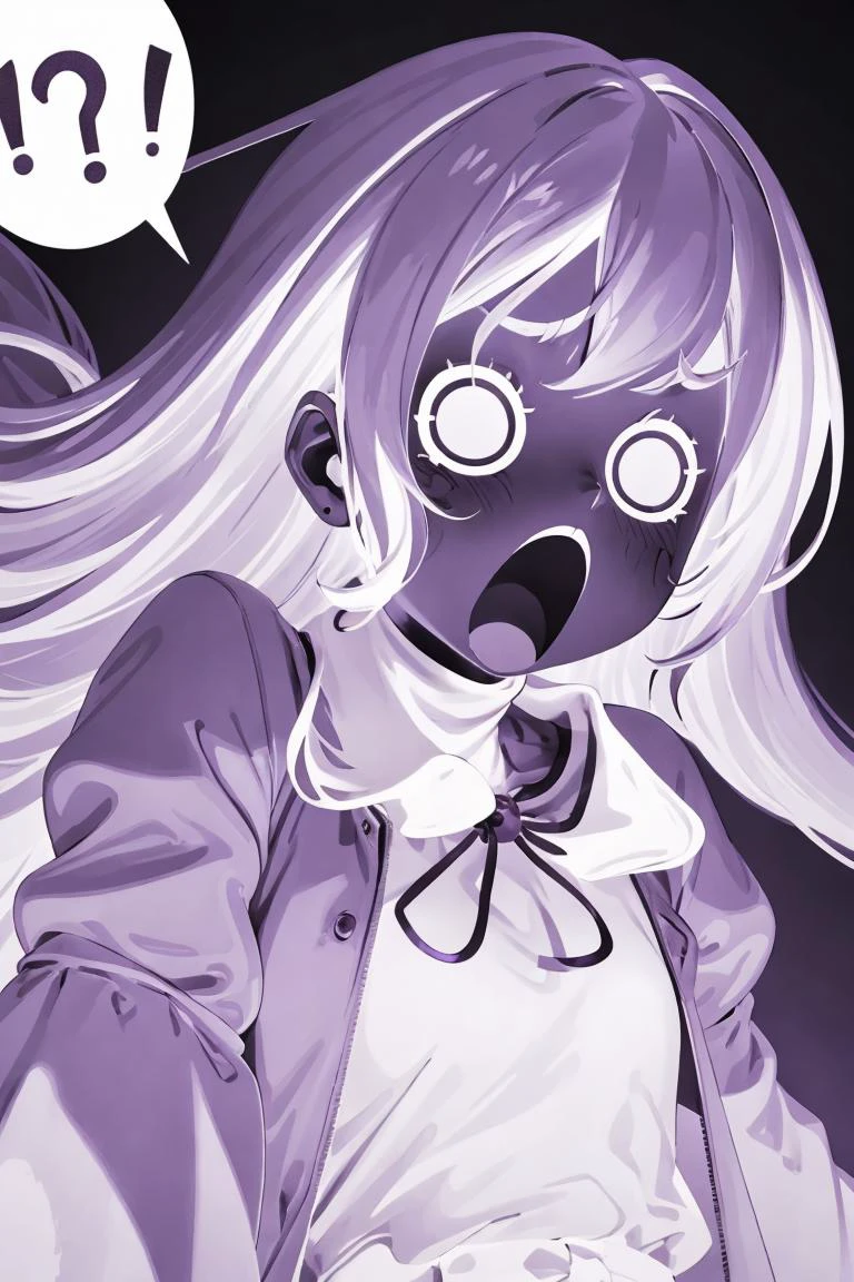 (masterpiece, best quality), 1girl, solo, ^^^, open mouth, (:o), <lora:largecirclemouth_v100:1>, <lora:hotarueye_whiteeye1_v100:1>, purple theme, monochrome, <lora:purple_neon:1>, <lora:light_control_ud_civitai_v10:3>, intense shadows, spoken exclamation mark,
