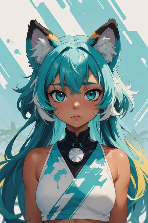 (masterpiece:1.1), (highest quality:1.1), (HDR:1.0), extreme quality, cg, (negative space), detailed face+eyes, 1girl, fox ears, animal ear fluff, (plants:1.18), (fractal art), (bright colors), splashes of color background, colors mashing, paint splatter, complimentary colors, neon, (thunder tiger), compassionate, electric, limited palette, synthwave, fine art, tan skin, upper body, (teal and white:1.2), time stop
