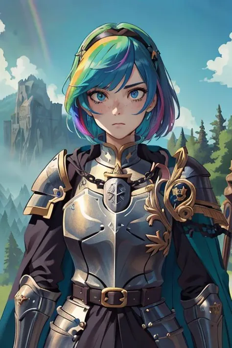 ((medieval fantasy)), castle wall top background, merlons, blue sky, clouds, forest, mountains in the distance, (adult), female knight standing on a castle wall, (rainbow hair), short hair, (messy cut), ((beautiful face)), blue eyes, strong, freckles, lot of details, perfect hands, detailed, refined, best quality, (intense shadows), (intense lighting),extreme detailed background, high detailed clothing, (detailed:1.1), ((anime style)), ((masterpiece)), ((knight armor)), cuirass, gauntlets, pauldrons, belt, armor leggings, chainmail, hairband, cloak, ((upper body shot)), <lora:GothicPunkAI:0.5>