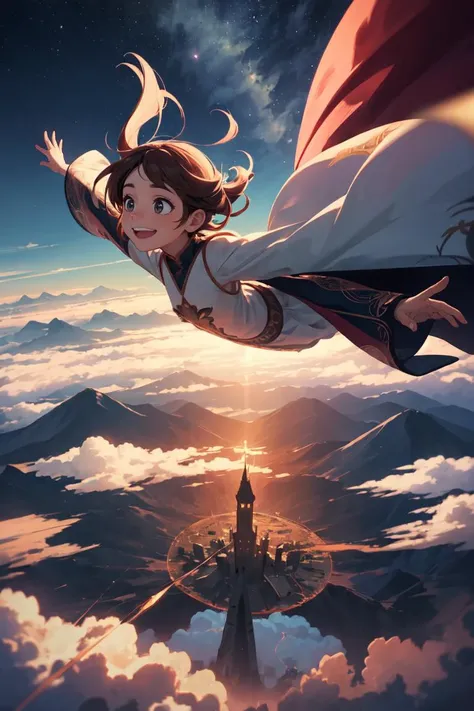 (best quality, ultra detailed, beautiful), fantastic, fantasy, intricate abstract, magical, 1girl, solo, falling, <lora:falling-wasabiya:0.8>, smile, overlooking, town above, spread arms, high altitude, horizon, cloud, star, wide sleeves,