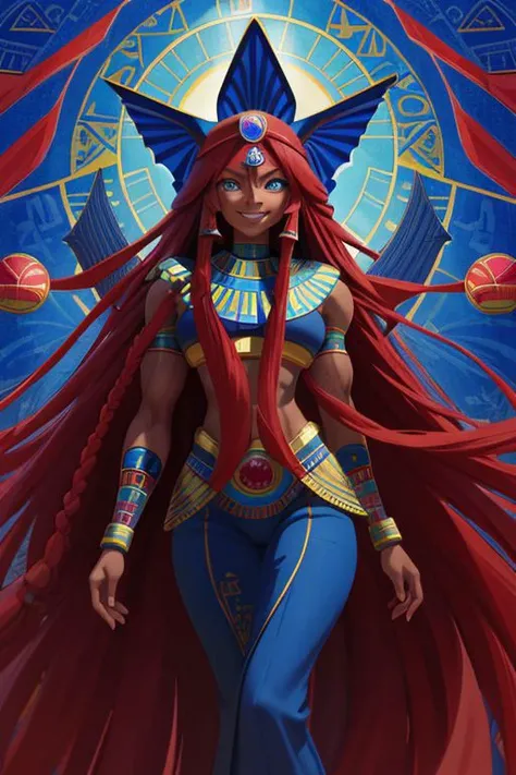 anime opening, (1woman), solo, a dreamscape aesthetic in Cobalt blue theme atmosphere, mosaic background, happy, floral, (wallpaper style), movie trailer, cinematic, screencap, still shot, true perception, comfortable, (best quality:1.4), (absurdly long ruby red hair:1.4), (very dark skin:1.2), (bright blue eyes:1.4), (very muscular:1.4), (smile), (Egyptian-Japanese woman:1.4), (ruby red fox ears:1.4), (super long hair:1.4)