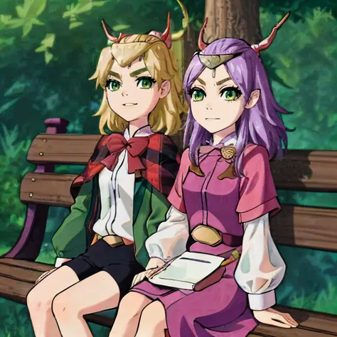2girls, sitting on a park bench, smiling, ,
<lora:burnthewitch_spangcole-10:1>, ninny spangcole, twintails, hair ornament, green jacket, long sleeves, white shirt, red bow, suspenders, capelet, black shorts, , 2girls, sitting on a park bench, smiling, ,
<lora:battlethroughtheheavensxiaoyixian-lyco-nochekaiser:1> , xiao yi xian, long hair, (green eyes:1.5), purple hair,, long sleeves, dress