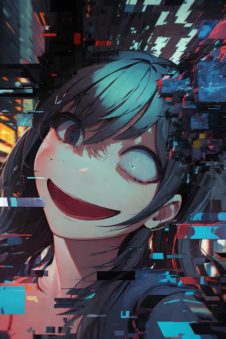 (masterpiece, best quality, ultra detailed), medium shot, 1girl, solo, <lora:faceless_style_v1.0:2.2>, smile, open mouth, <lora:smirkingmouth_v100:1>,backgrounda 6+girls, <lora:6+girls:0>, city, dark theme, Glitching, glitch, <lora:Glitching:0.8>, <lora:scanno_Glitch_01:0.2>,