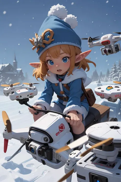 (masterpiece, best quality, ultra detailed), anime, 1elf, dwarf, flying drone, (riding drone:1.2), blue clothes, snow, blue tone, blue christmas hat, technology,