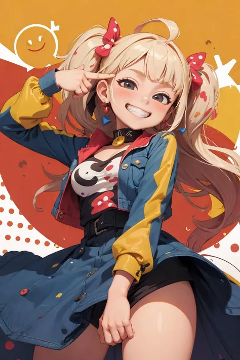 (masterpiece, best quality), 1girl, solo, cowboy shot, from below, leaning forward, smiley face, grin, <lora:gyaru_grin_v1.0:1.0>, fg2h, fingergun, <lora:Gun2Head11:1>, two-tone dots background