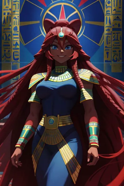 anime opening, (1woman:), solo, a dreamscape aesthetic in Cobalt blue theme atmosphere, mosaic background, happy, floral, (wallpaper style), movie trailer, cinematic, screencap, still shot, true perception, comfortable, (best quality:1.4), (absurdly long ruby red hair:1.4), (very dark skin:1.2), (bright blue eyes:1.4), (very muscular:1.4), (smile), (Egyptian-Japanese woman:1.4), (ruby red fox ears:1.2), (super long hair:1.2)