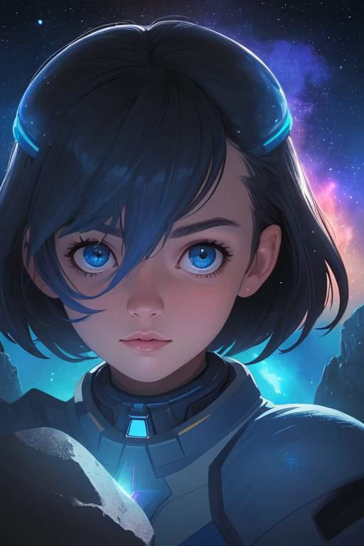 Super Closeup Portrait, Albert Barill Style, a Sci-fi Scene: a Girl infront of huge blue Window to Outer space, Rocks, Stars, nebula