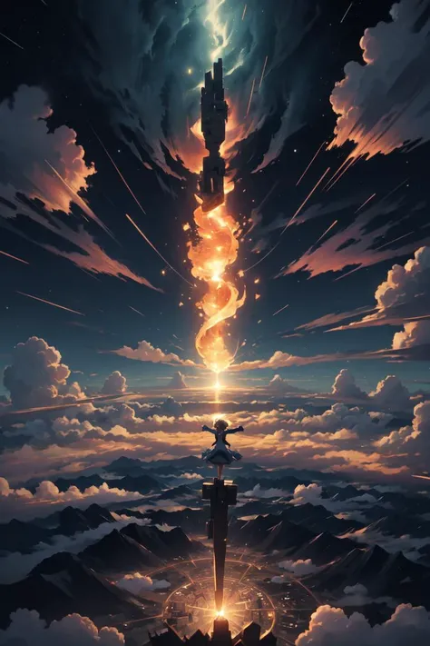 (best quality, ultra detailed, beautiful), fantastic, fantasy, intricate abstract, magical, 1girl, solo, falling, <lora:falling-wasabiya:0.8>, smile, overhead shot, town above, spread arms, high altitude, cloud, star, twintails, <lora:Diamond_Meteor_Shower:0.3>