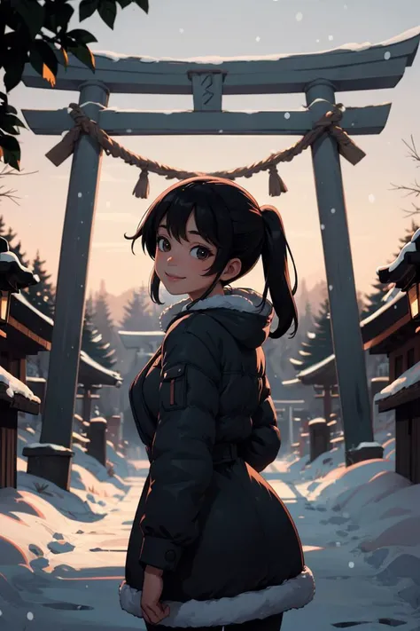 (masterpiece, best quality, ultra detailed), early morning, winter, 1girl, solo, smile, from behind, overlooking, looking back, black hair, toriibg, torii, <lora:torii_stone-wasabiya:1>