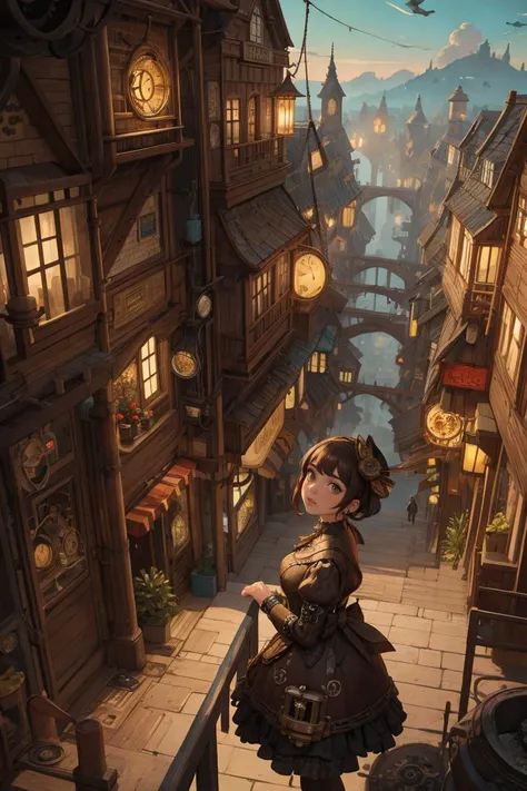 (masterpiece, best quality, ultra detailed), [1girl, solo:0.1], overlooking, steampunk town scene, steampunkai, <lora:steampunkai10MBLora_10mb:0.5>,