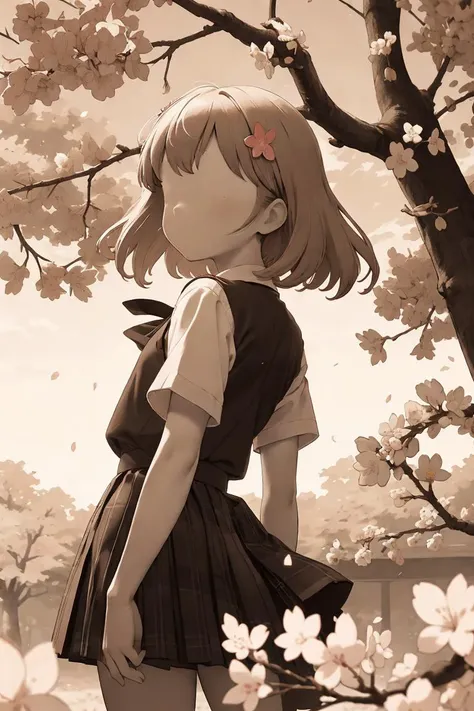 (masterpiece, best quality, ultra detailed), (watercolor style:0.5), 1girl, solo, looking back, <lora:faceless_style_v1.0:2.5>, school uniform, small hair ornaments, cherry blossom trees, (selective color hair ornaments, sepia:1.3)