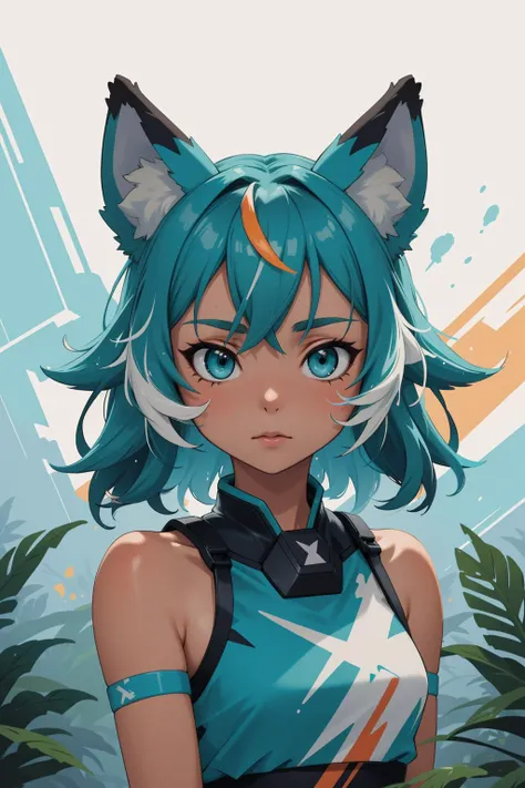 (masterpiece:1.1), (highest quality:1.1), (HDR:1.0), extreme quality, cg, (negative space), detailed face+eyes, 1girl, fox ears, animal ear fluff, (plants:1.18), (fractal art), (bright colors), splashes of color background, colors mashing, paint splatter, complimentary colors, neon, (thunder tiger), compassionate, electric, limited palette, synthwave, fine art, tan skin, upper body, (teal and white:1.2), time stop