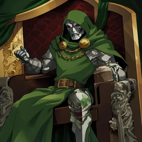 <lora:DoctorDoomLoRA:0.8> 1boy, cape, green cloak, hood, armour, male focus, mask, solo, wine, throne,