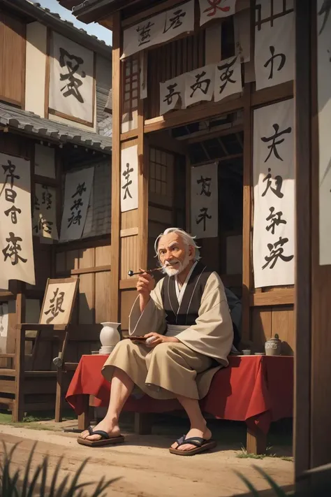 (masterpiece, best quality, ultra high res, absurdres), at evening, 1man, solo, old man, ronin, smile, straw sandals, sitting, smoking pipe and smoke, jpstore, pottery sake bottle, <lora:jp-storefront-wasabiya:0.8>, hitozato, temple, landscape, <lora:hitozato-v3-wasabiya:0.6>, (Style-Japan:0.8),