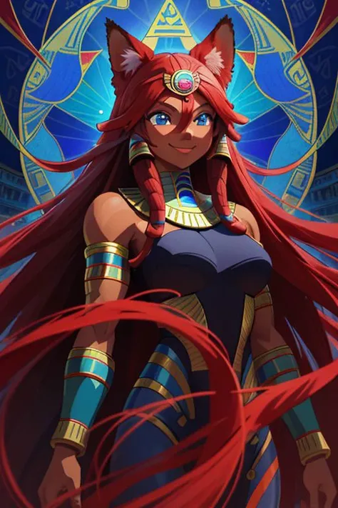 anime opening, (1woman), solo, a dreamscape aesthetic in Cobalt blue theme atmosphere, mosaic background, happy, floral, (wallpaper style), trailer, cinematic, screencap, still shot, true perception, comfortable, (best quality:1.4), (absurdly long ruby red hair:1.4), (very dark skin:1.2), (bright blue eyes:1.4), (very muscular:1.4), (smile), (Egyptian-Japanese woman:1.4), (ruby red fox ears:1.4), (super long hair:1.4)
