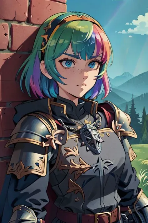 ((medieval fantasy)), castle wall top background, merlons, blue sky, clouds, forest, mountains in the distance, (adult), female knight standing on a castle wall, (rainbow hair), short hair, (messy cut), ((beautiful face)), blue eyes, strong, freckles, lot of details, perfect hands, detailed, refined, best quality, (intense shadows), (intense lighting),extreme detailed background, high detailed clothing, (detailed:1.1), ((anime style)), ((masterpiece)), ((knight armor)), cuirass, gauntlets, pauldrons, belt, armor leggings, chainmail, hairband, cloak, ((upper body shot)), <lora:GothicPunkAI:0.5>