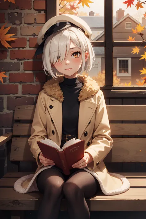 depth of field, (autumn light:1.2), 1girl, white hair, short hair, long banns, golden eyes, hair over one eye, put book on her knee, slight smiling, beige fur coat, black painters hat worn a side, black pantyhose, sitting on a wooden bench, outdoors, red brick walls behind, country streets, Windows on walls,