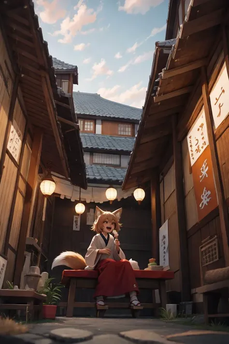 (masterpiece, best quality, ultra high res, absurdres), super fine concept art, from below, close up, 1girl, solo, smile, open mouth, fox ears, fox tail, geta, sitting, eating dango, jpstore, <lora:jp-storefront-wasabiya:0.8>, hitozato, landmark, landscape, <lora:hitozato-v3-wasabiya:0.4>, (Style-Japan:0.4),