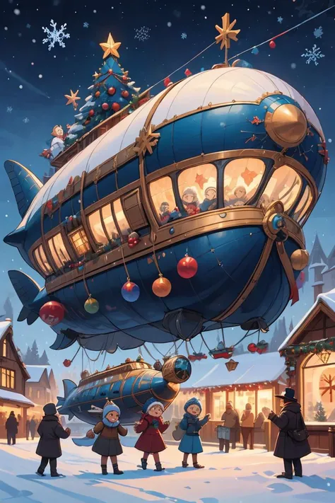 (masterpiece, best quality, ultra detailed), whale airship with blue christmas decorations, (blue:1.2) and white tone, <lora:xmas_airship_002:0.8>, snow, children waving to the airship,