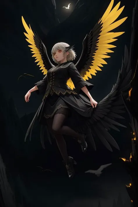 [woman:bird:12] with wings and yellow eyes at night, scary, dark, full body, black, gray, flying, nature background, realistic, highly detailed, 8k,, intricate details, hyperdetailed, cinematic, realistic, masterpiece