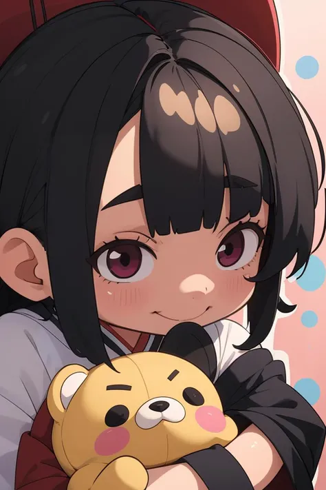 (masterpiece, best quality, ultra detailed), 1girl, solo, smile, thick eyebrows, grasping stuffed toy, mikofuku, <lora:normal miko-002_0.7:0.8>, black hair, AGGA_ST019, chibi, <lora:HerrscherAGGA2023_Chibi_V1:0.7>, sherbet colors dots background,