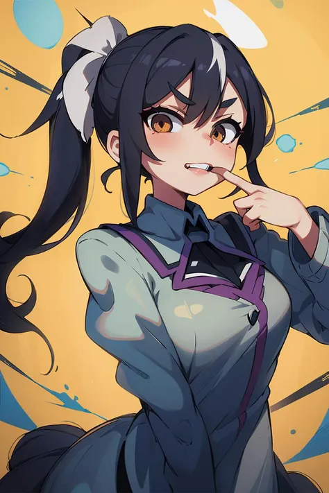 (masterpiece, best quality, ultra detailed), textile shading, 1girl, bust up, v-shaped_eyebrows, teeth, (index finger inside mouth, one hand pulling mouth:1.2), <lora:mouth_pull:0.9>, side ponytail, two-tone splash background