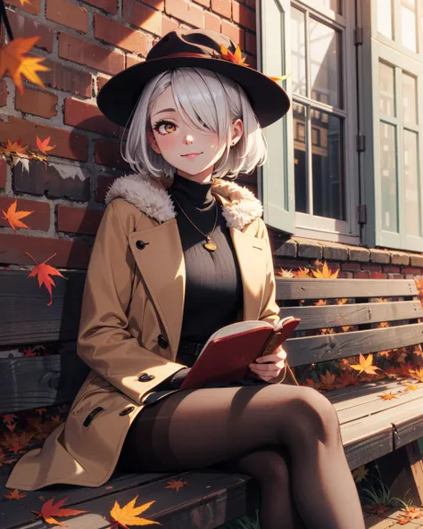 depth of field, (autumn light:1.2), 1girl, white hair, short hair, long banns, golden eyes, hair over one eye, put book on her knee, slight smiling, beige fur coat, black painters hat worn a side, black pantyhose, sitting on a wooden bench, outdoors, red brick walls behind, country streets, Windows on walls,