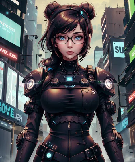 (fenn_mei:1.05), petite, round, chubby, big, hair bun, hair stick, glasses, casual outfit , leather, (cyberpunk theme, <lora:HackedTech-20:0.7>, scifi, cyberpunk, picelated, hackedtech, futuristic clothes) (, science-fiction , cyberfashion dress , tech implant , cyberspace , neuromancer , night time, darkness, neon lights) BREAK sexually suggestive, petite supermodel, toned body, medium breasts, beautiful woman, detailed mouth, extremely detailed eyes_and_face, attractive face, beautiful eyes, pronounced feminine feature, matte eyeshadow, eyelashes, eyeliner, perfect body (masterpiece, best quality)