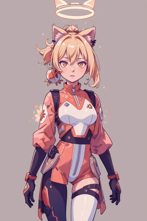 (masterpiece:1.1), (highest quality:1.1), (HDR:1.0), 2d, anime art, ultra detail, 1girl, yoimiyadef, high ponytail hair style, looking at viewer, glowing eyes, (blonde:0.9) hair, bright eyes, bodysuit, halo, cat ears