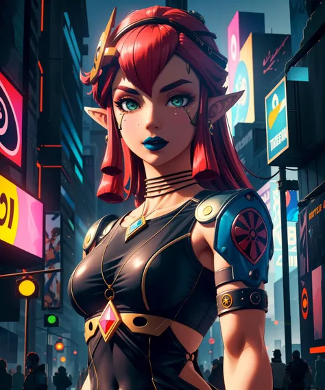 (cyberpunk theme, , futuristic clothes), <lora:RijuTOTKv2:0.52> Riju \(The Legend of Zelda: Tears of the Kingdom\), small nose, (photorealistic, hyper-realistic, RAW photo:1.2), matte dark blue lipstick, jewelry, green eyes, red hair, makeup, navel, hair ornament, lipstick, medium breasts, thick eyebrows, bracelet, armlet, neck ring, long hair, light diffusion, facial microgeometry, dynamic skin tinting, artistic portrait filters, microshadowing, subtle facial animations, casual outfit (, science-fiction , cyberfashion dress , cyborg , cyberspace , dystopian, futuristic, dirty environment , night time, darkness, neon lights) , high quality, beautifully detailed