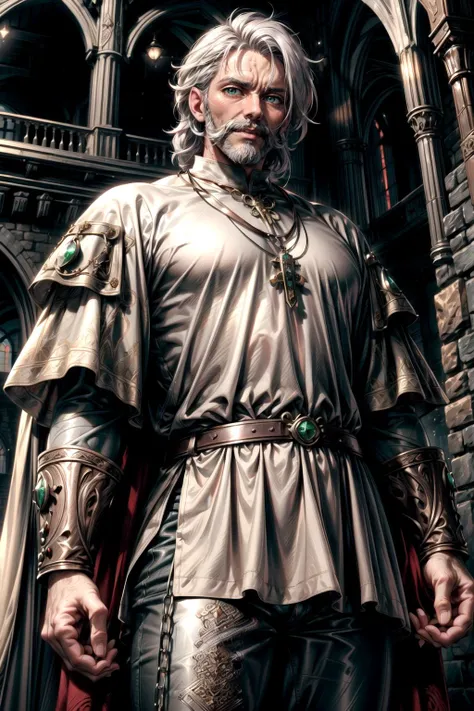 simple background, A 35 year old male, white hair, white mustache with a short white beard. strong, ((grey medieval tunic)), brown loose medieval leather pants, adventure boots. Renaissance clothing, Stern look, green eyes, wearing an emerald amulet on a small chain around his neck, cowboy shot <lora:wowifierV3:0.6> <lora:more_details:0.7>, holy magic around him, vamptech, <lora:VampiricTech:0.7>